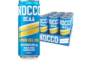 NOCCO Sugar Free Energy Drink – BCAA, 180mg High Caffeine, with Amino Acids & Vitamins, Ideal for Pre Workout – 12 x 330ml (Limon Del Sol)