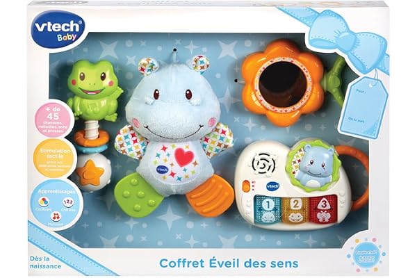VTech - Coffret Naissance Éveil des Sens Bleu, Premiers Jouets Bébé, Doudou Hippo en Peluche, Piano Lumineux et Interactif, Hochets Grenouille et Miroir, Cadeau Nouveau-Né - Contenu en Français