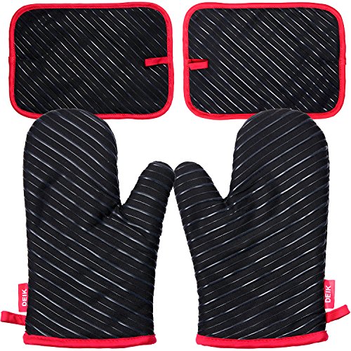 Deik Ofenhandschuhe und Topflappen,Hitzebeständige Handschuhe bis zu 240℃, Silikon Anti-Rutsch topfhandschuhe, Geeignet für Kochen, Backen, Grillen, Schwarz