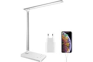 Qualore Desk Lamp, LED Table Lamp, Dimmable with 5 Brightness Levels, 5 Colours, USB Connection, Car Timer, Touch Panel, Memory Function, Eye-Friendly Bedside Lamp for Children Girls