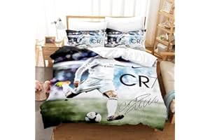 ENFUNT-HOME Football Parure de lit, Impression Numérique 3D Cristiano Ronaldo Housse de Couette 140x200cm pour Enfants 100% Microfibre avec 1 Taie d'oreiller 65x65cm