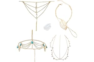 PPX 4 Stück Schmuck-Set, böhmischen Stil Kreis Pailletten Kette Schmuck Stirn Haarband Verschluss Dekorationen und Haarband Quasten Perle und Kristall Armband Slave Finger Ring Hand Harness mit Box