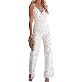 Yassiglia Tuta Elegante da Donna Spalline con Scollo a V Tinta Unita in Pizzo Aperto sul Retro Tute Larghe a Gamba Larga Tuta