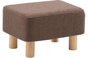 LEITING Footstool Footrest Foot Stool Ottoman Pouffe Padded Rectangle Seat Chair for Living Room Bedroom with Beech Wood Legs Removable Linen Cover (Brown)