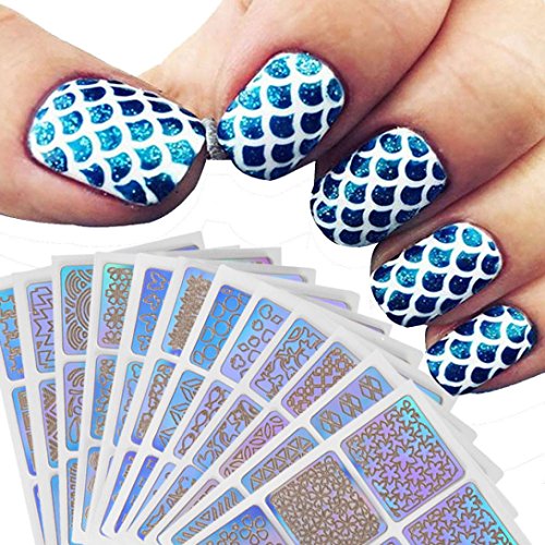 Preisvergleich Produktbild Maniküre Aufkleber, ESAILQ 12 Blätter Neue Nail Hollow Unregelmäßige Raster Schablone Wiederverwendbare Maniküre Aufkleber Stamping Schablone Nail Art Tools