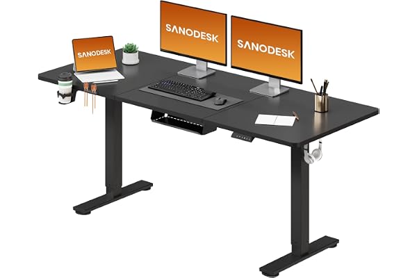 SANODESK Bureau Assis Debout Électrique 160x60 cm, Bureau Réglable en Hauteur Électrique avec Mémoire, Silencieux, Système Anti-Collision, Bureau Électrique Stable, Noir