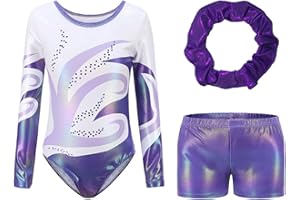 Hotfiary Gymnastics Leotards for Girls Long Sleeve/Sleeveless Sparkle Dance Leotard with Tumbling Gymnastics Shorts Ballet Dancewear for Kids 5-14 Years