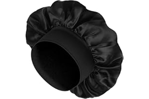 COMNICO Jedwabna czapka do spania, satynowa bonnet, dwuwarstwowy czepek jedwabny, czapka nocna, regulowana, dwustronna, szeroka miękka tasiemka, do kręconych włosów, jedwabny czepek, czarny, jeden