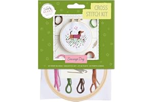 Simply Make Cross Stitch Kit - Sausage Dog Design for Kids and Adults, Including Hoop, Embroidery Thread, Fabric and Needle - Perfect for Adult Crafts and Beginners - Starter Cross Stitch Craft Kit