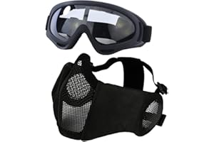 Yzpacc Airsoft Maske mit Brille, Faltbare Half Face Airsoft Mesh Maske mit Ohrenschutz für Paintball Schießen Cosplay CS Spiel