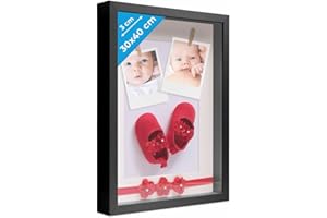 PHOTOLINI 3D cornice 30x40 cm nero, profonda con vetro e passe-partout, cornice per oggetti fino a 3 cm di profondità, legno MDF - perfetta per il fai da te e come regalo