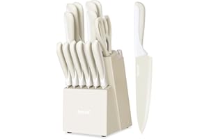 hecef Set de 14 Couteaux de Cuisine avec Bloc Aiguiseur, Revêtement Antiadhésif – Compatibles Lave-vaisselle, Manches Ergonomiques, Gain de Place, Idéal pour Cadeau ou Cuisine Moderne (Crème)