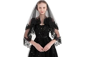 OUBFUUY 2 Tiers Nero Da Sposa In Pizzo Doppio Strato di Velo con Pettine per Capelli, Accessori per Capelli con Cappella In Pizzo e Perle per Costumi Cosplay Day Of The Dead