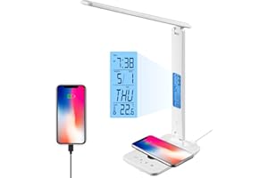 XIMI-V LED Desk Lamp with Wireless Charger, Table Lamp with Clock, Alarm, Date, Temperature, Office Lamp, Desk Lamps for Home Office (White)