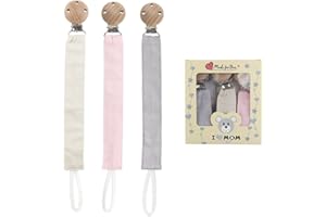 RUBY 3PCS Kit Catenella Portaciuccio Tessuto Porta Ciuccio Neonato,Cotone Catenella Ciuccio con Clip Ciuccio Legno Faggio Naturale,Catena Ciuccio Set Catenina Ciuccio (Rosa-3)