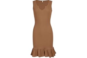 Missufe Damska letnia sukienka z dzianiny, na czas wolny, dekolt w serek, bez rękawów, sukienka z falbankami