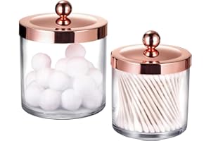 SheeChung 2 Pack Premium Plastic Apothecary Jars - Qtip Holder Bathroom Vanity Kitchen Countertop Storage Organizer Canisters for Cotton Balls, Cotton Swabs, Candy, Makeup Sponges(rose gold)