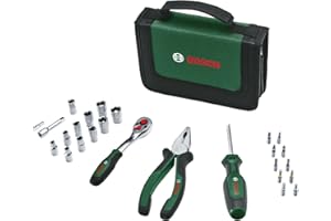 Bosch Mobility-Handwerkzeug-Set, 26-teilig (kompaktes und mobiles Werkzeug-Set für Heimwerkerarbeiten und unterwegs; 1/4"-Ratsche; Kombizange; Universalschraubendreher; in Stofftasche)