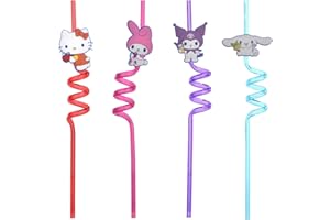 MEVSIM STORE Hello Kitty słomki z twardego tworzywa sztucznego – 4 sztuki o kolorowym wzornictwie – słomki wielokrotnego użytku – słomki do lodów, owoców, na imprezę, urodziny, imprezę, jako dekoracja, Boże