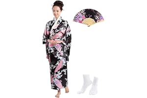 KRUIHAN Women's Japanese Kimono Yukata Set,Satin Kimono Robe with Obi,Bow,Drawstring Pouch,Folding Fan,Mask,Hair Clip and Tabi Socks in Gift Box,Women Fancy Dress Cosplay Costume for Photography Stage Party