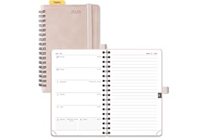 POPRUN 2026 Pocket Diary A6 Week to View Spiral Bound PU Leather Soft Cover 16 x 10.5 cm Appointment Work Book - 26 Small Weekly Planner & Notebook in One (Soft Pink)