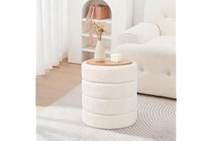 Madera Nieve Taburete Redondo de Bouclé Blanco con Almacenaje y Tapa Reversible – Puff Multifuncional para Tocador, Salón, Dormitorio y Habitación Infantil