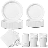 Nkaiso 96 Pieces White Tableware Party Birthday Plates and Cup Children's Birthday Party Decoration Disposable Plates Napkins
