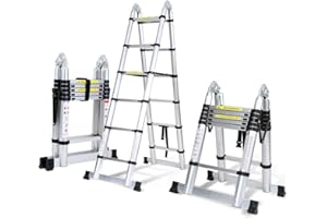 Ikodm 3,8 m (1,9 + 1,9), scala telescopica pieghevole in alluminio, scala multiuso, portatile, portata massima 150 kg/330 libbre, antiscivolo, argento