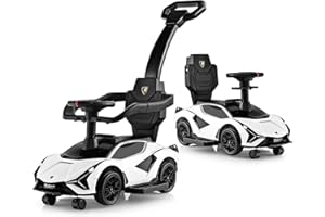 GYMAX 3 in 1 Kids Ride on Push Car, Licensed Lamborghini Push Along Car with Handle, Guardrails, USB Port, Music & Lights, Underneath Storage, Toddler Sliding Toy for 18-60 Months Boys Girls (White)