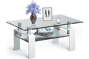 COSTWAY Soffbord i glas, vardagsrumsbord med nedre hylla, vitt