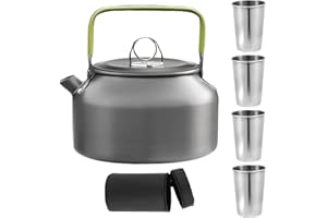 GOMETY Hervidor de agua para camping, 2-3 personas, cafetera y hervidor de agua, set de vajilla para exteriores, tetera de 0,8 l con 4 vasos de acero inoxidable, fácil de plegar, duradera de aluminio,
