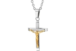 COOLSTEELANDBEYOND Due Strati Piccolo Crocifisso Croce, Gesu Cristo, Collana con Pendente da Uomo Donna, Ciondolo Acciaio, Catena 51CM