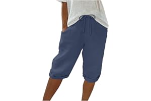 KUIH Womens Shorts Plus Size Knee Length Straight Leg Bermuda Shorts Comfy Cotton Linen Elasticated High Waist Stretch Ladies Culottes Summer Beach Shorts with Pockets Yoga Sports Active Shorts