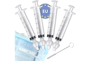 ABBI ESSENTIELS Siringa per lavaggi nasali bambini 10ml ABBICARE™ senza BPA CE | Kit 4 siringhe con olive in silicone + 1 spazzola per la pulizia | Aspiratore nasale neonato lavaggio