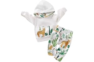 EDOTON Odzież dla małej dziewczynki, wzór z paskami, kwiatami, dwuczęściowy zestaw, bluza z kapturem i kieszenią + długie spodnie