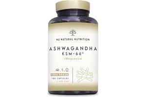 Ashwagandha KSM-66 + Magnésium. 7500 mg Extrait, 180 Gélules. Withanolides, Alcaloïdes, Flavonoïdes, Adaptogène Complet pour Sommeil, Humeur, Vitalité. N2 Natural Nutrition