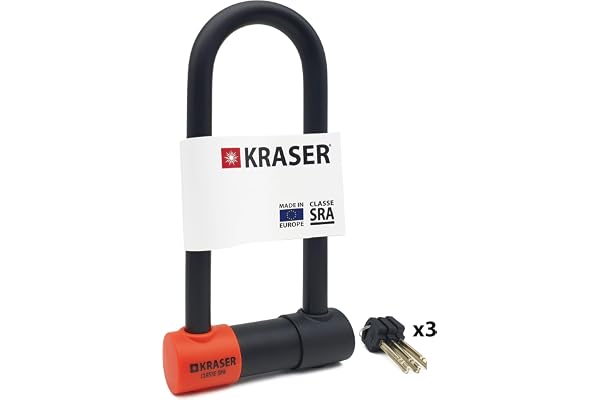 KRASER KR85M Antivol Moto Homologué SRA | Promo Model Plus Robust | U ø18mm Acier Cémenté, Double Verrouillage, 3 Clés Haute Sécurité Anti-crochetage, Recommandé Assurances, Antivol Vélo en U 85x250mm
