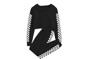 OFIMAN Girls Clothing Set Kids Hoodies Crop Top Tees + Plaid Pants Sweatsuit Long Sleeve Outfit Hooded Pullover Sweatpants
