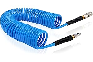 FANOVO 10m Length Air Compressor Hose Polyurethane Recoil, 1/4" Europe Quick Coupler and Bend Restrictors for Air Compressor Accessories, 6mm ID x 9.5mm OD Blue Retractable Hose