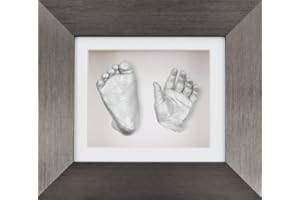 BabyRice New Baby Casting Kit with 6x5" Brushed Pewter 3D Box Display Frame/White Mount/White Backing/Silver Paint