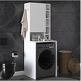 ASRA TREND Beyaz BD-02 &Ccedil;amaşır Makinesi &Uuml;st&uuml; Banyo Dolabı 65x190 cm Tek Kapaklı Yan A&ccedil;ık Raflı Askı Kancalı%100 MDFLAM Banyo 