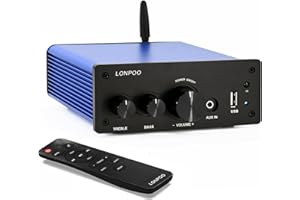 LONPOO 200W Mini Bluetooth Hi-Fi Amplifier with Remote Control, Optical, Coax, USB, AUX Input, 2 Channel Audio L/R Output (AMP-615BLUE)