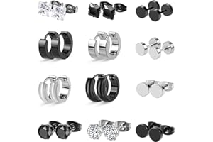 Wodasi 12 Paia Orecchini Uomo, in Acciaio Inossidabile, Piccoli Orecchini a Cerchio zircone Classico Gioielli Piercing All'orecch, Argento+Nero