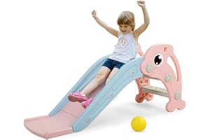 LEFLUFFY 3 in 1 Kids Slide, Freestanding Slide Climber Playset with Basketball Hoop and Ring Toss, Indoor Outdoor Kids Playground for Boys Girls Age 1 2 3 4 5 6