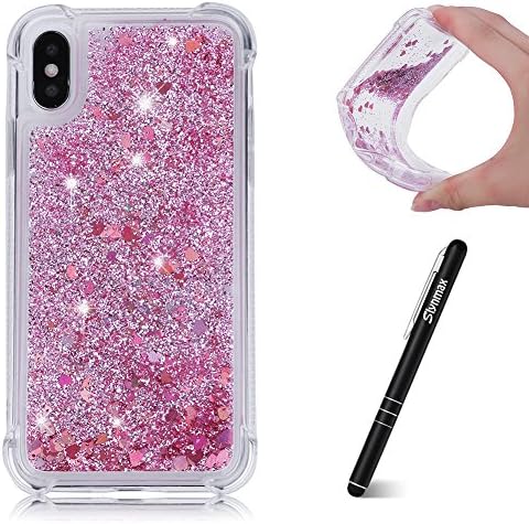 iPhone X Glitter Case Rose Gold, iPhone X Case Liquid, Slynmax [Drop Proof Design] Flowing Liquid Quicksand Floating Flowing Bling Shiny Sparkle Diamond Cover Glitter Crystal Clear Plastic Soft Flexible TPU Gel Case Silicone Ultra Slim Fit Anti-Drop Shockproof Protective for Girl Women Bumper Back Smart Shell Case for Apple iPhone X + 1 * Stylus Touch Pen