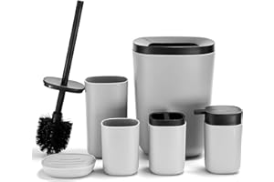 DUFU Bathroom Accessory Set, 6 Pieces Plastic Bath Accessories, Modern Vanity Organiser Kit, Contain Toilet Brush, Toothbrush Holder, Plastic Cup, Soap Dish, Trash Can, Lotion Dispenser Gray