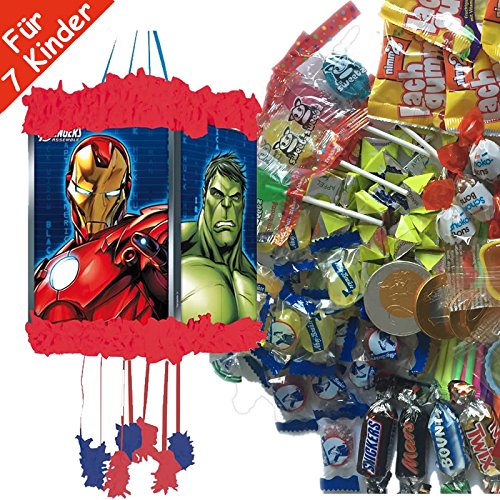 Pinata Set: * Marvel Avengers Assemble * mit Pinata + Maske + 100-teiliges Süßigkeiten-Füllung No.1 von Carpeta© // Spanische Zugpinata für bis zu 7 Kinder. Tolles Spiel für Kindergeburtstag