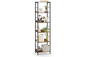 VASAGLE 6-Tier Bookcase, Book Shelf, Bookshelf, 30 x 40 x 178 cm, Shelving Unit, with Back Panels, Industrial, for Living Room, Study, Home Office, Rustic Brown and Ink Black LLS168KD01