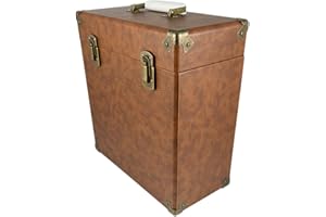 GPO Portable 12 Inch Vinyl Carry Case, Music Storage Box Holding up to30-35 LP Records, Lightweight and Robust Record Case Cover with Detachable Lid, Brown