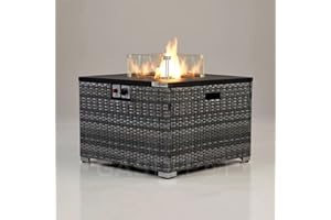 REALGLOW Warmpact Rattan Table Gas Fire Pit in Grey - 13KW Square Propane Gas Fire Pit w/Removable Glass Wind Guard, Lava Rock & Lid Cover - Coffee Table w/Heater for Garden, Deck, Outdoor Bars